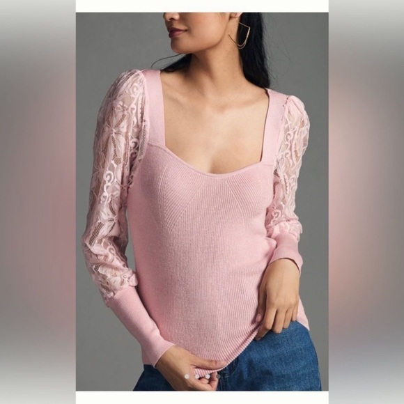 Anthropologie Sweater Lace Sleeve Ribbed Sweetheart Neck in Ballet Pink - Picture 3 of 10